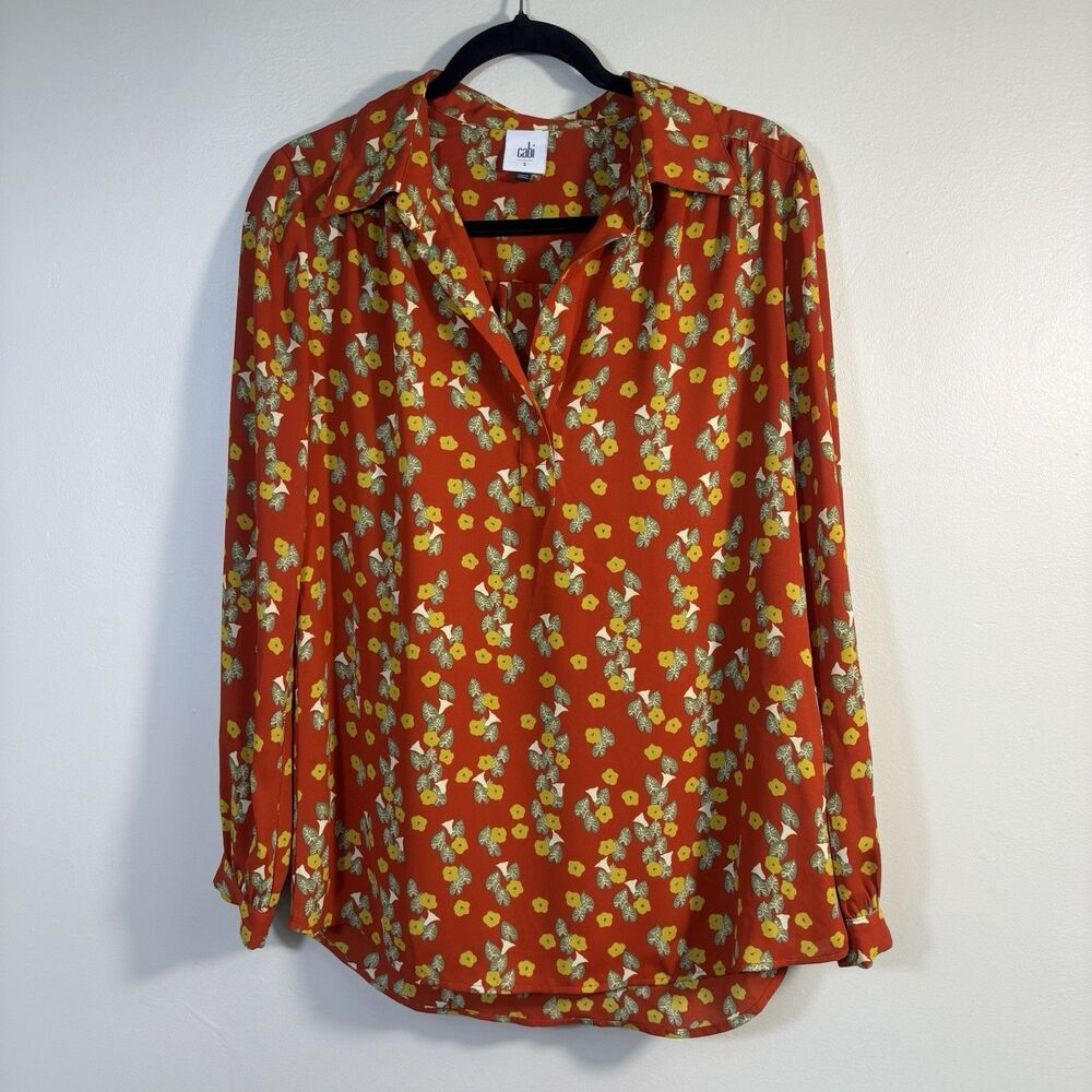 Cabi Belfry Size S Womens Red Floral Long Sleeve Button Down Blouse / Top - EUC